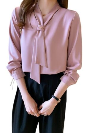 PINKHUB Elegant Women's Tie Neck Summer Long Sleeve V-Neck Chiffon Korean Style Plain Business Work Shirts Blouse Top