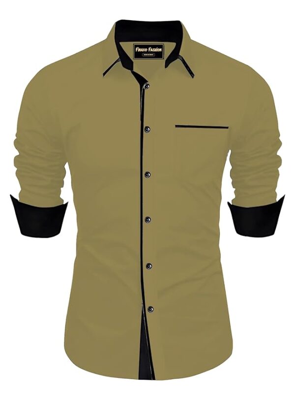 FINAXO FASHION Men's Cotton Blend Shirt, Black with Red Trim, Long Sleeve, Regular Fit