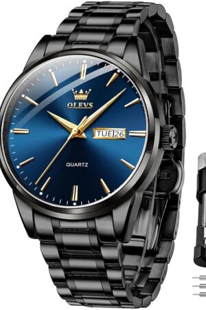 OLEVS Watch for Men Gold Blue Black Analog Quartz Dress Business Watch Day Date Calendar Stainless Steel Luxury Luminous Waterproof Casual Men Wrist Watches