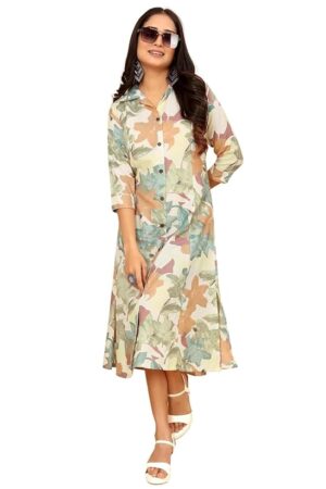 Women's A-Line Latest Rayon Floral Print Western Dress || Roll Tab Sleeve & Collared Neck Flared Design || New Office Wear one Piece || Summer wear for Women 2025