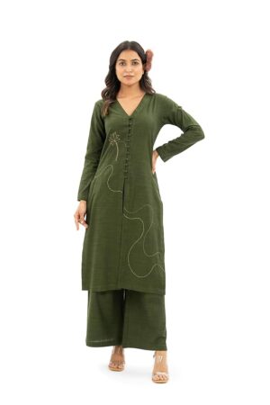 MIORAH Elegant Embroidered Kurta Set for Women & Girls, Slub Cotton V Neck Kurti Set for Women’s, Full Sleeve and Slim Fit with Hand Embroidery Kurta & Pant (Colour- Olive Green, Size- L)