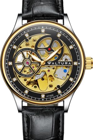 ALTURA Astral Series Automatic Skeleton Watch for Men – 3D Hollow Design, Zircon Studded, Transparent Back, Luminous| Genuine Leather Band | Gift for Men