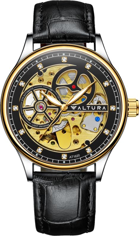 ALTURA Astral Series Automatic Skeleton Watch for Men – 3D Hollow Design, Zircon Studded, Transparent Back, Luminous| Genuine Leather Band | Gift for Men