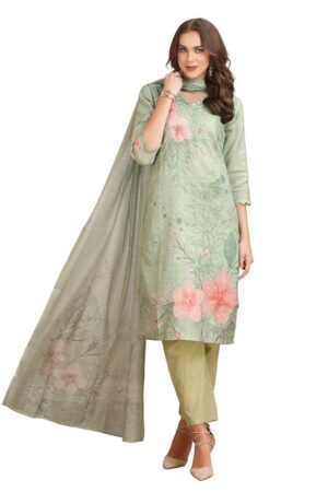 GREAT OUTFITS Green Floral Print Chikankari Straight cut Kurta set with pant and Dupatta