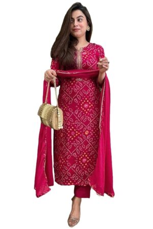 GoSriKi Women's Rayon Viscose Straight Bandhej Printed Kurta with Pant & Dupatta