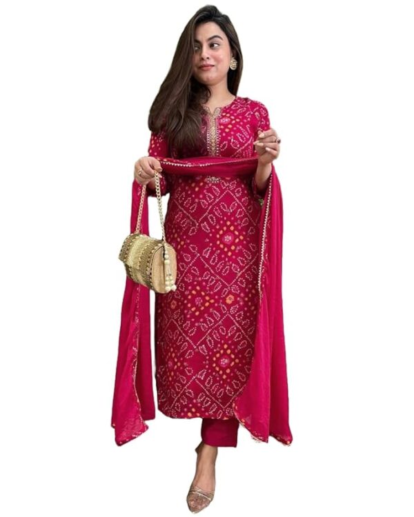 GoSriKi Women's Rayon Viscose Straight Bandhej Printed Kurta with Pant & Dupatta