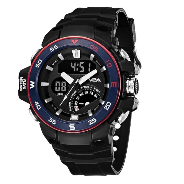 V2A Resin Analog Digital 50M Waterproof Sports Watch With Backlight Alarm Stopwatch For Men, Black Dial, Black Band