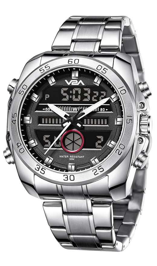 V2A Torque Series Analog-Digital Metal Watch for Men Stainless Steel Band Blue Dial| Chronograph| Dual Display | Waterproof|Stylish| CS-8001