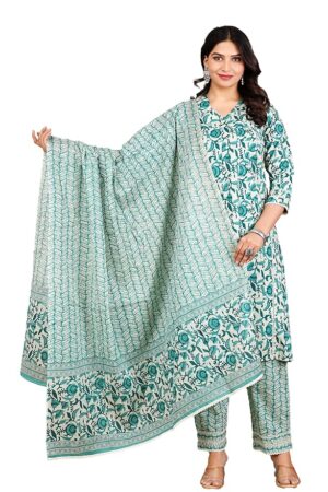 MOAJAZA Ethnic Kurta Set with Dupatta for Women, Green Floral Print | Kurta Set