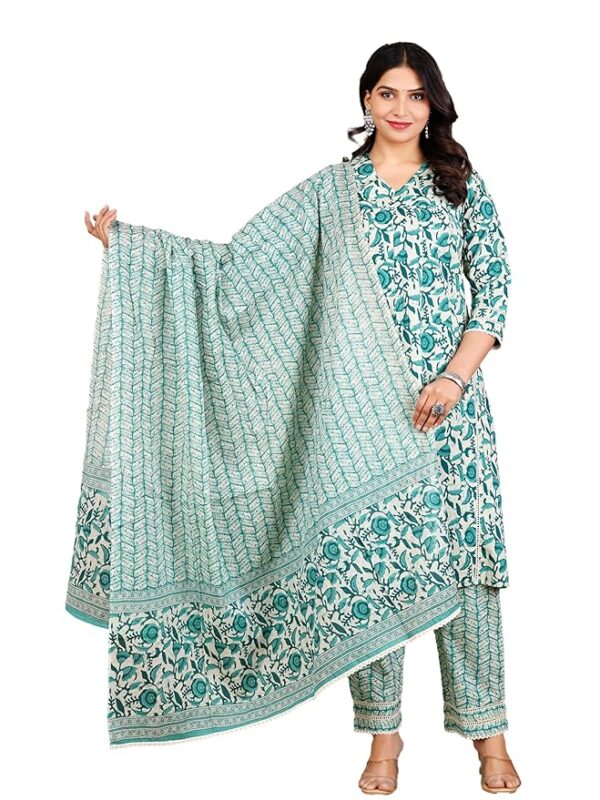 MOAJAZA Ethnic Kurta Set with Dupatta for Women, Green Floral Print | Kurta Set