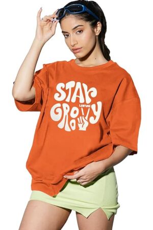 LEOTUDE Womens Oversized Round Neck Cottonblend Half Sleeve T-Shirts (Colour: Multicolor)